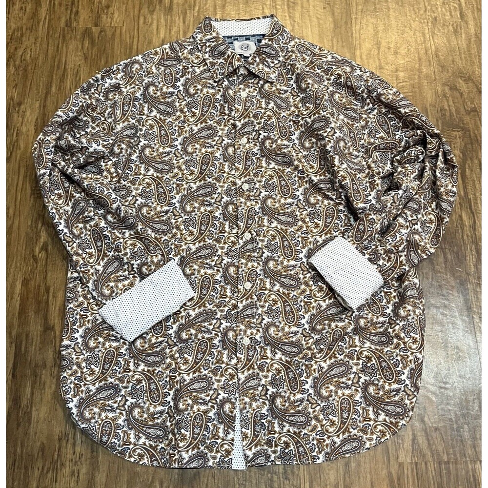 Kilburne & Finch Long Sleeve Button Up Shirt Men's XXL Brown Paisley Flip Cuff